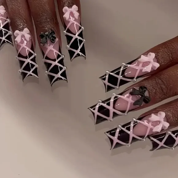 Elegant Pink & Black handmade acrylic Nail Art ballet long length reusable NWT - Picture 1 of 9